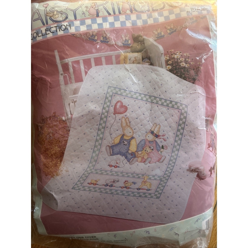 1991 Bucilla Daisy Kingdom Honey Bunnies Crib Cover Quilt Cross Stitch Kit 40598